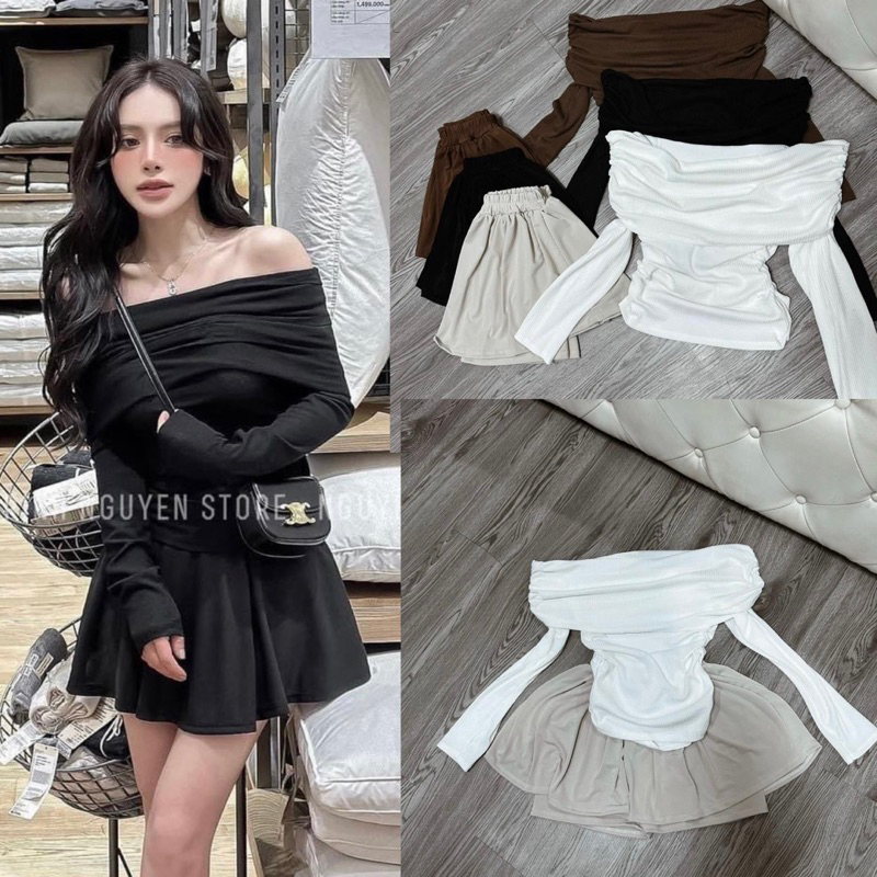 Đầm body trễ vai tay dài nhún eo siêu xinh, mẫu mới