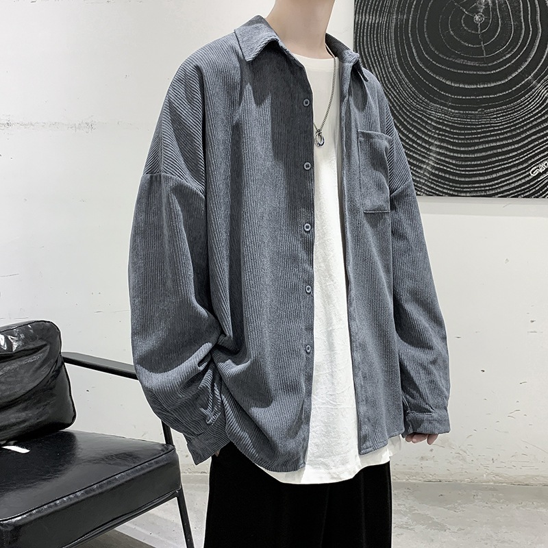 Áo sơ mi tay dài nam nữ dáng rộng cao cấp vải nhung tăm có túi trước ngực 98wear