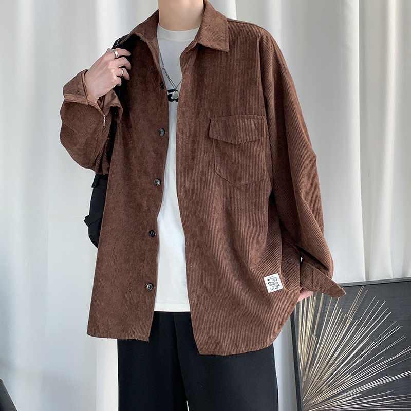 Áo sơ mi tay dài nam nữ dáng rộng cao cấp vải nhung tăm có túi trước ngực 98wear