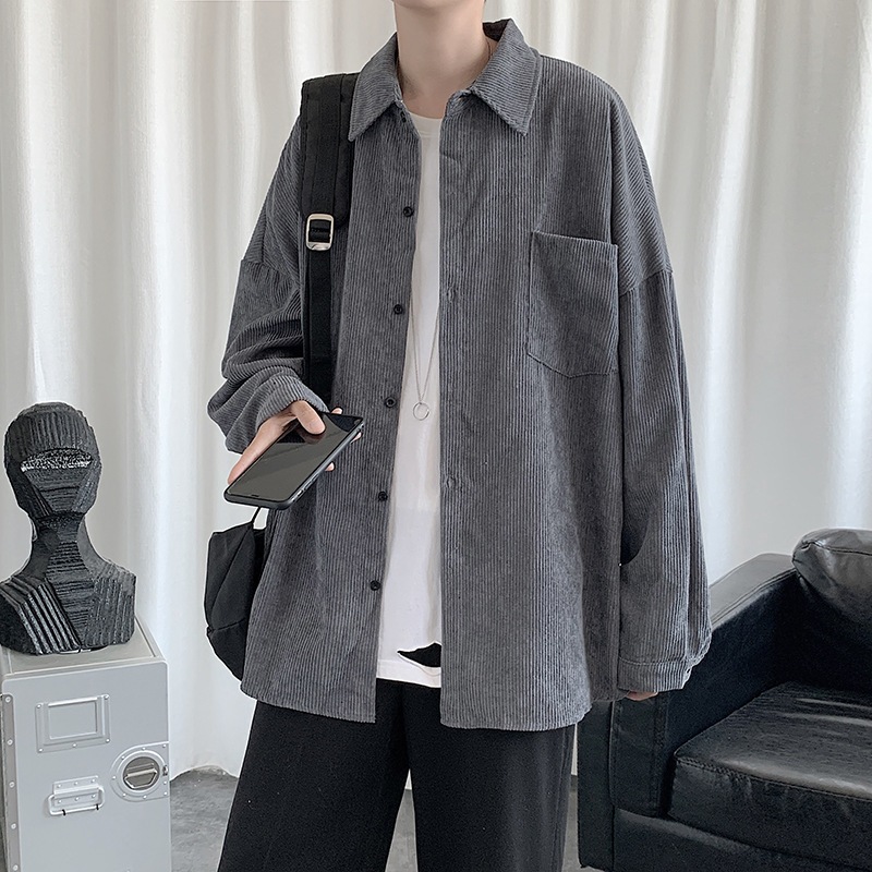 Áo sơ mi tay dài nam nữ dáng rộng cao cấp vải nhung tăm có túi trước ngực 98wear