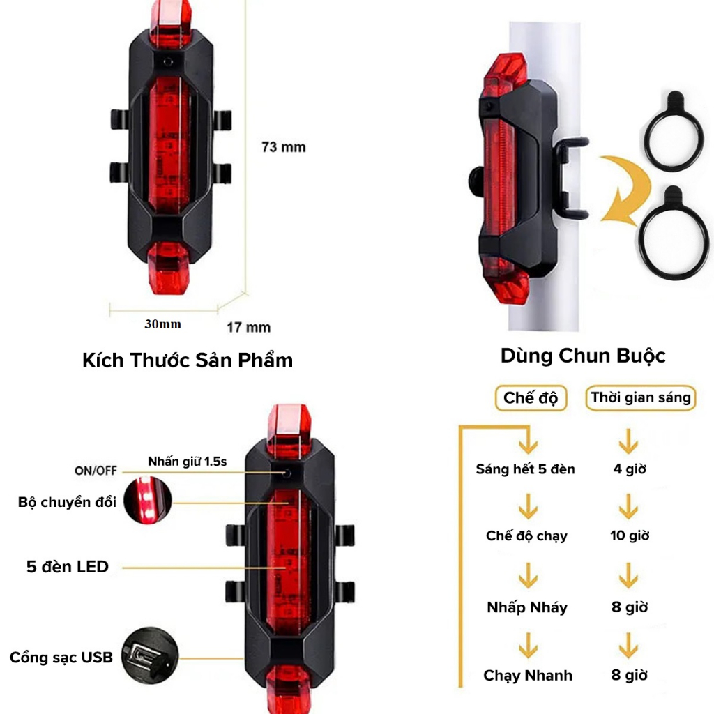 Đèn Xe Đạp Hậu LED Có Pin Sạc USB, Đèn Hậu Xe Đạp Thể Thao Gắn Sau Cảnh Báo An Toàn Nhấp Nháy 4 Chế Độ Sáng 5 Bóng LED