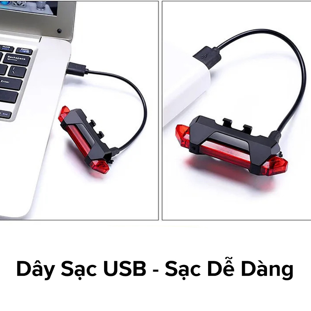 Đèn Xe Đạp Hậu LED Có Pin Sạc USB, Đèn Hậu Xe Đạp Thể Thao Gắn Sau Cảnh Báo An Toàn Nhấp Nháy 4 Chế Độ Sáng 5 Bóng LED