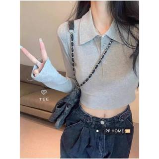 Áo Thun Croptop Cổ Polo Cúc Bấm Tay Dài Dáng Ôm Body Chất Tăm Borip Màu Đen trắng xám Phong Cách Hàn Quốc