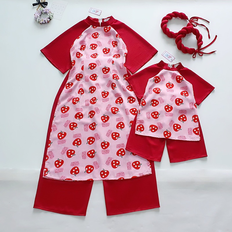 Áo dài voan Pháp hoa nhí hồng,quần lụa satin kèm mấn Tết Mẹ và Bé gái 4-64kg
