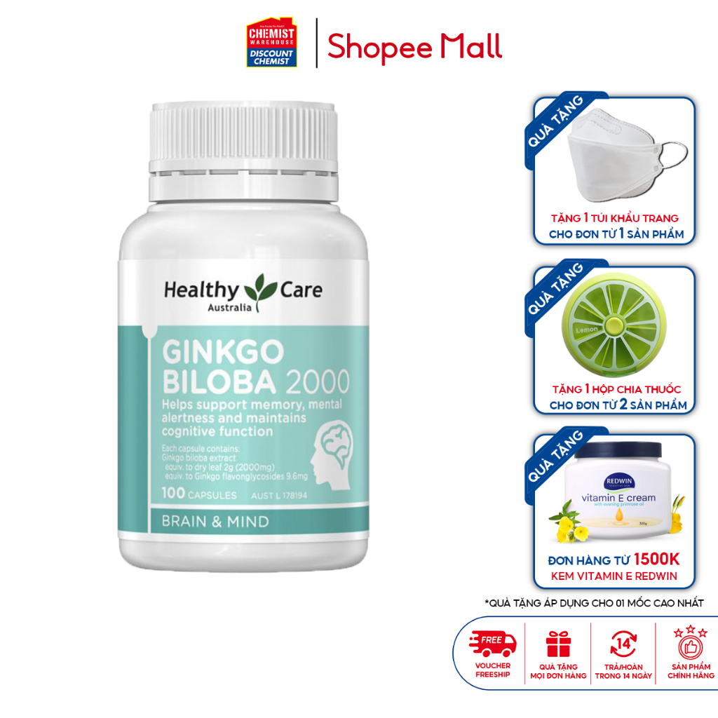 Viên uống Bổ não Healthy Care Ginkgo Biloba 2000mg hỗ trợ tăng cường trí nhớ, giảm đau đầu và tiền đình của Úc