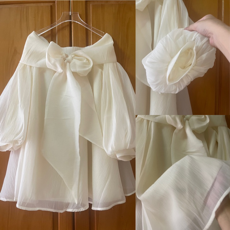 Đầm thiết kế trễ vai nơ bản to chất tơ tay phồng MPB tiểu thư