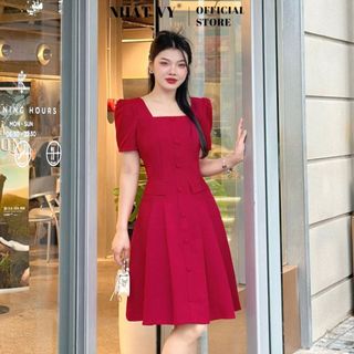 Đầm cổ vuông Nhật Vy tay phồng đính cúc chất linen gân sang chảnh phù hợp đi chơi dự tiệc - D2806