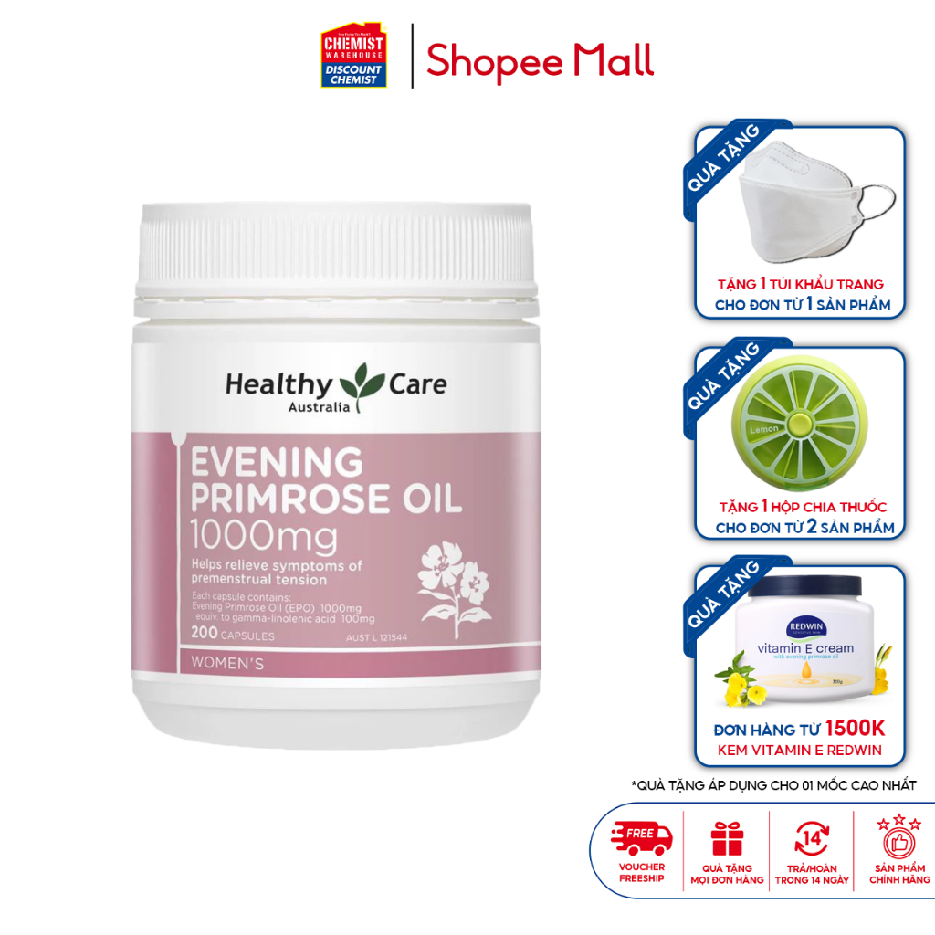 Tinh dầu hoa anh thảo Healthy Care Evening Primrose Oil 1000mg điều hòa nội tiết tố nữ, giúp đẹp da, 200 viên của Úc