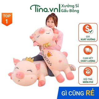 Gấu bông gối ôm Tina Heo đội vương miện bông cao cấp, vỏ nhung Hàn Quốc mềm mịn, co dãn 4 chiều, size 80cm - 120cm