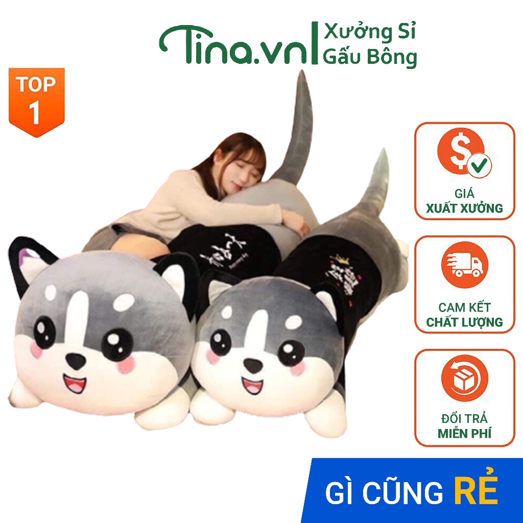 Gấu bông gối ôm Tina Mèo Husky dễ thương bông cao cấp, vỏ nhung Hàn Quốc mềm mịn, co dãn 4 chiều, size 50cm - 1m5