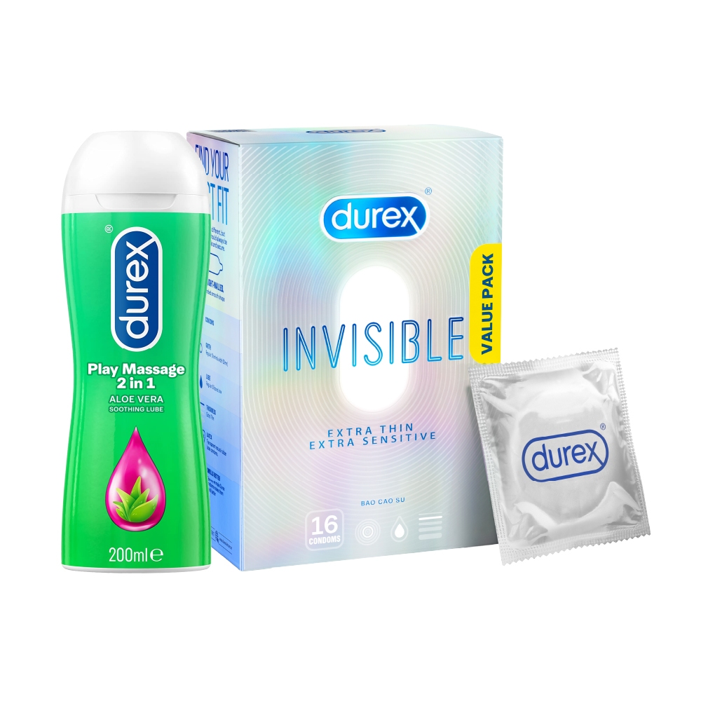 Combo Bao cao su Durex Invisible hộp 16 bao + Gel bôi trơn Durex Massage 2 in 1 200ml/chai