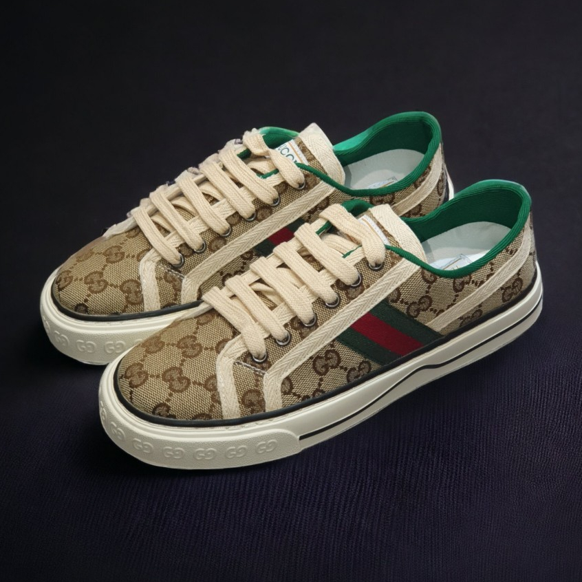 Giày thể thao Gu.cci Tennis nâu 1977, Giày thể thao GC 3 sọc GG-Canvas And Leather Trainers Green,Nâu Canvas Lai Au