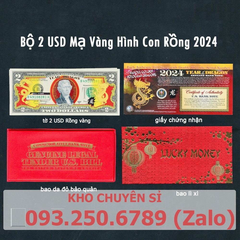 Tờ 2 Đô 2 USD Hình Con Rồng Mạ Vàng 3D Kỷ Niệm Làm Quà Tặng hoặc lì xì 2024