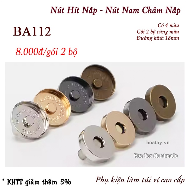 Nút Nam Châm Nắp - Nút Hít Nắp 18mm BA112 Làm Túi Xách