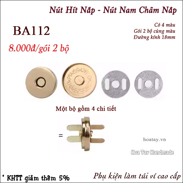 Nút Nam Châm Nắp - Nút Hít Nắp 18mm BA112 Làm Túi Xách