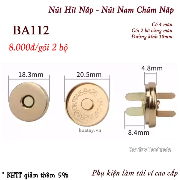 Nút Nam Châm Nắp - Nút Hít Nắp 18mm BA112 Làm Túi Xách