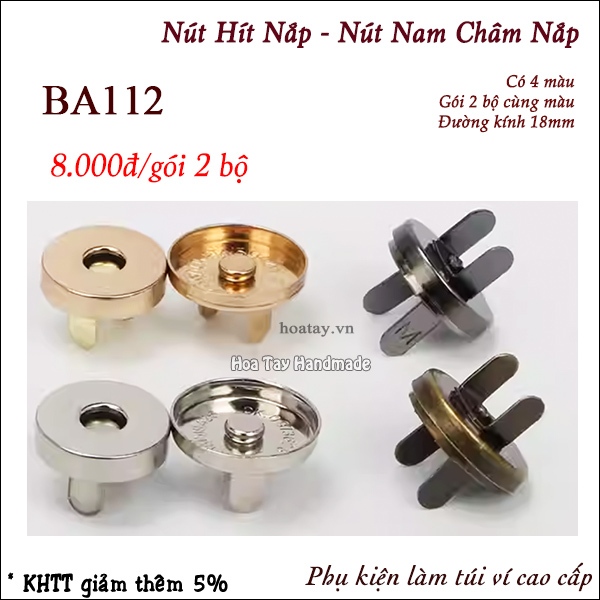 Nút Nam Châm Nắp - Nút Hít Nắp 18mm BA112 Làm Túi Xách