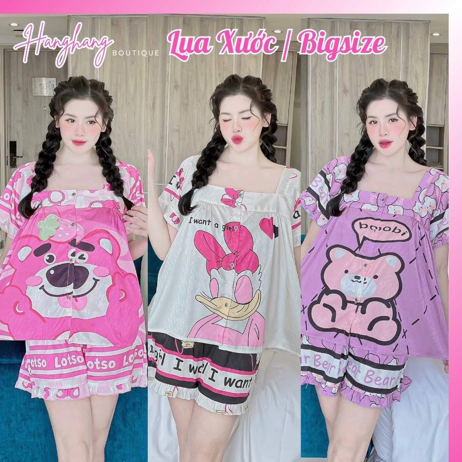Bộ đồ ngủ nữ bigsize 50-75kg, đồ bộ đùi nữ cổ vuông pijama lụa xước mango mặc nhà giá rẻ, đồ ngủ lụa cute gấu dâu xinh