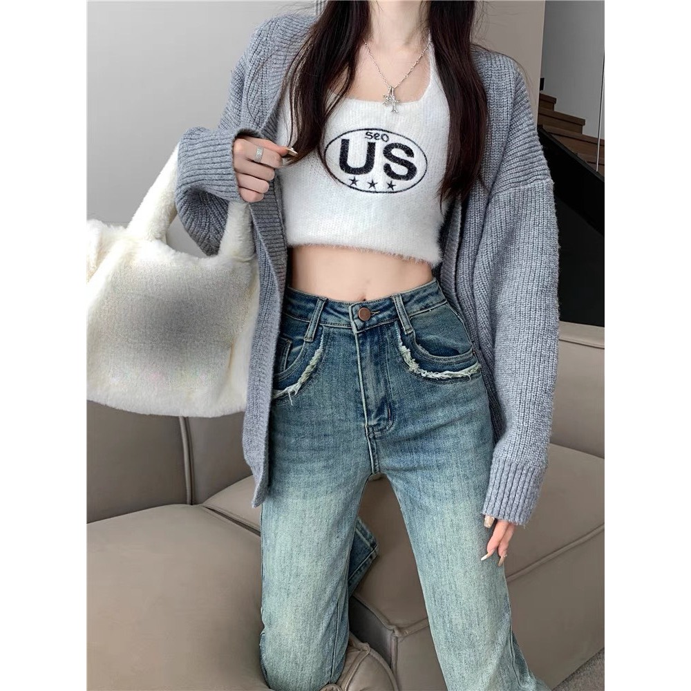 Quần jeans ống đứng, quần bò ống đứng màu xanh bạc phối 2 túi mặt trước phối tua rua siêu xinh HT 53