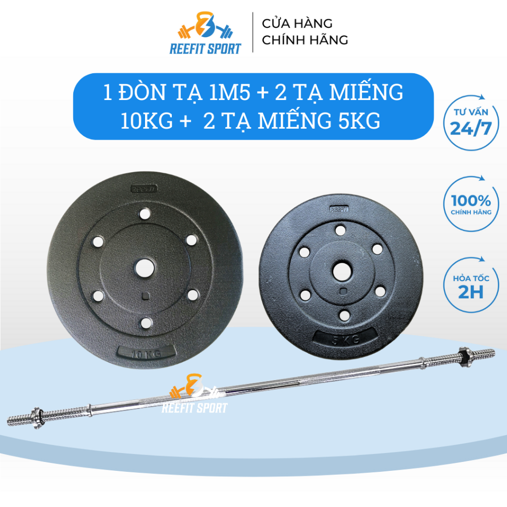 Bộ đòn tạ dài 1m5 và 30kg tạ miếng nhựa đen (2 miếng 5Kg và 2 miếng 10kg)