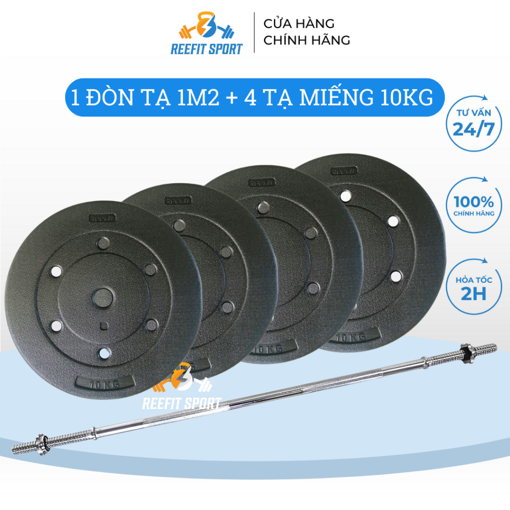 Bộ đòn tạ dài 1m2 và 40kg tạ miếng nhựa đen (4 miếng 10Kg)