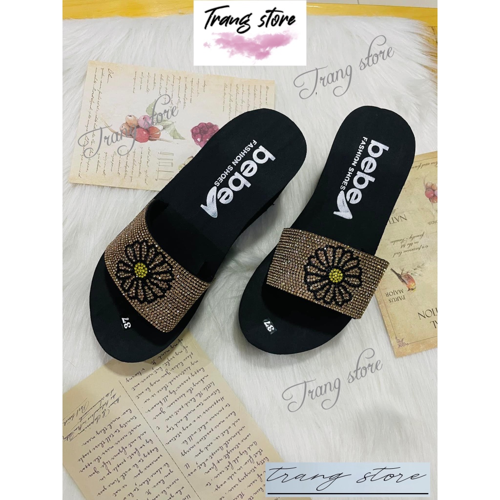 Dép lê xốp nữ 7cm đế độn cao gót quai ngang đính hạt siêu nhẹ sandal