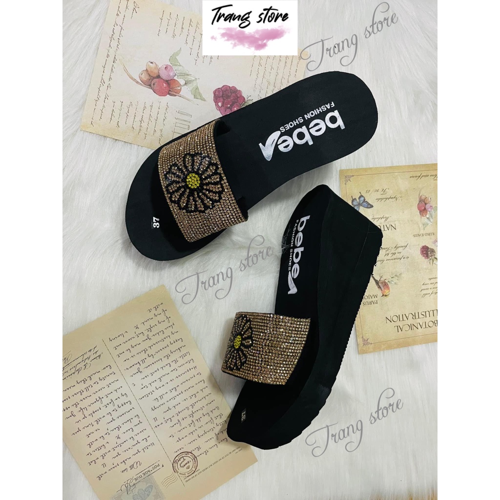 Dép lê xốp nữ 7cm đế độn cao gót quai ngang đính hạt siêu nhẹ sandal