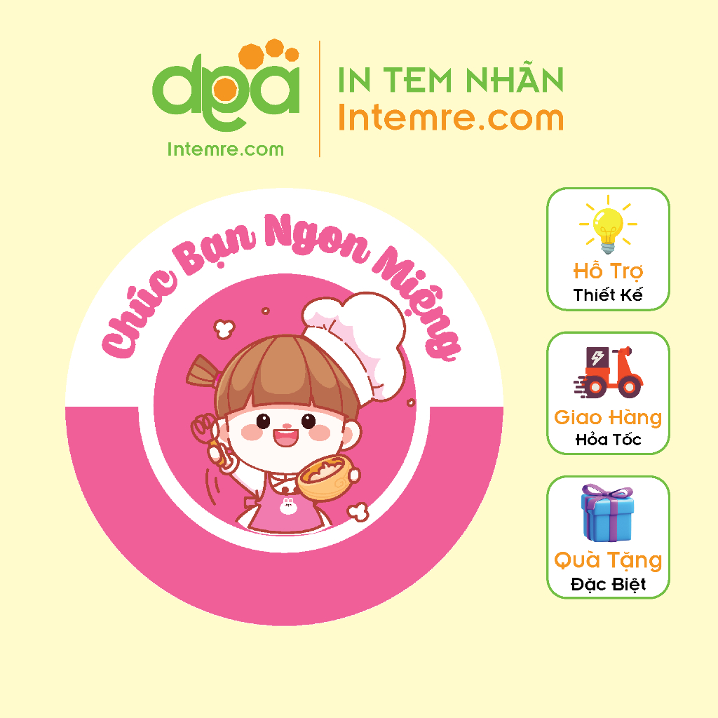 Sẳn 100 Tem Nhãn Giấy Decal Dán Intemre.com Chúc Ngon Miệng, Ăn Vặt, Trà Sữa - Kt: 3cm - Mẫu 16-34