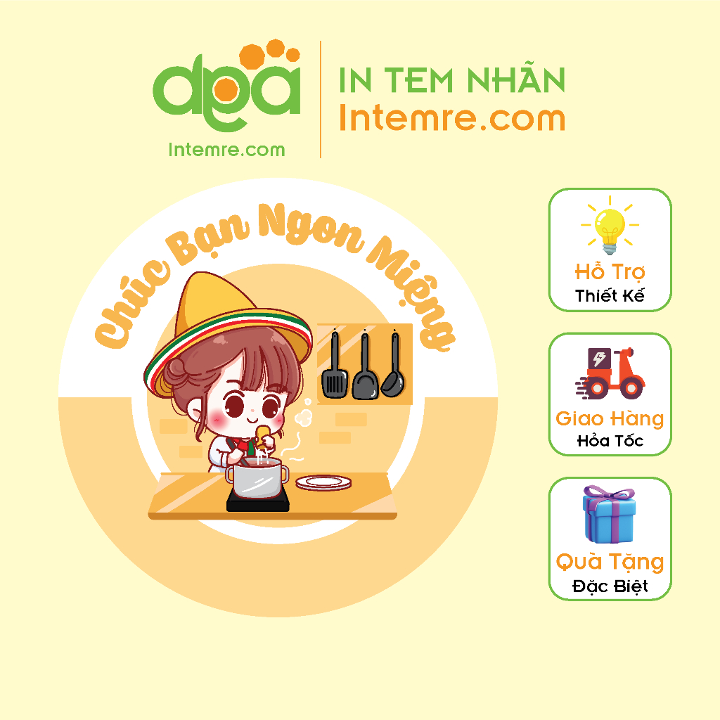 Sẳn 100 Tem Nhãn Giấy Decal Dán Intemre.com Chúc Ngon Miệng, Ăn Vặt, Trà Sữa - Kt: 3cm - Mẫu 16-34