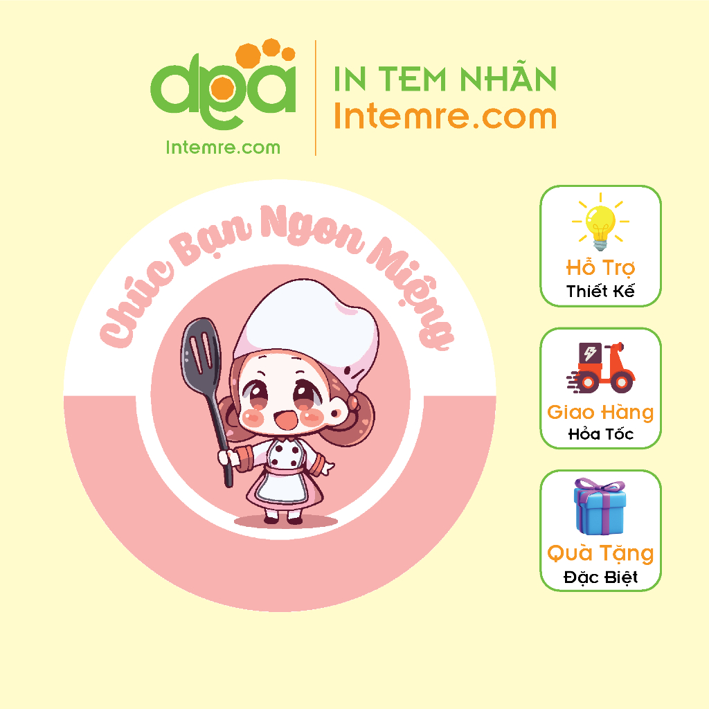 Sẳn 100 Tem Nhãn Giấy Decal Dán Intemre.com Chúc Ngon Miệng, Ăn Vặt, Trà Sữa - Kt: 3cm - Mẫu 16-34