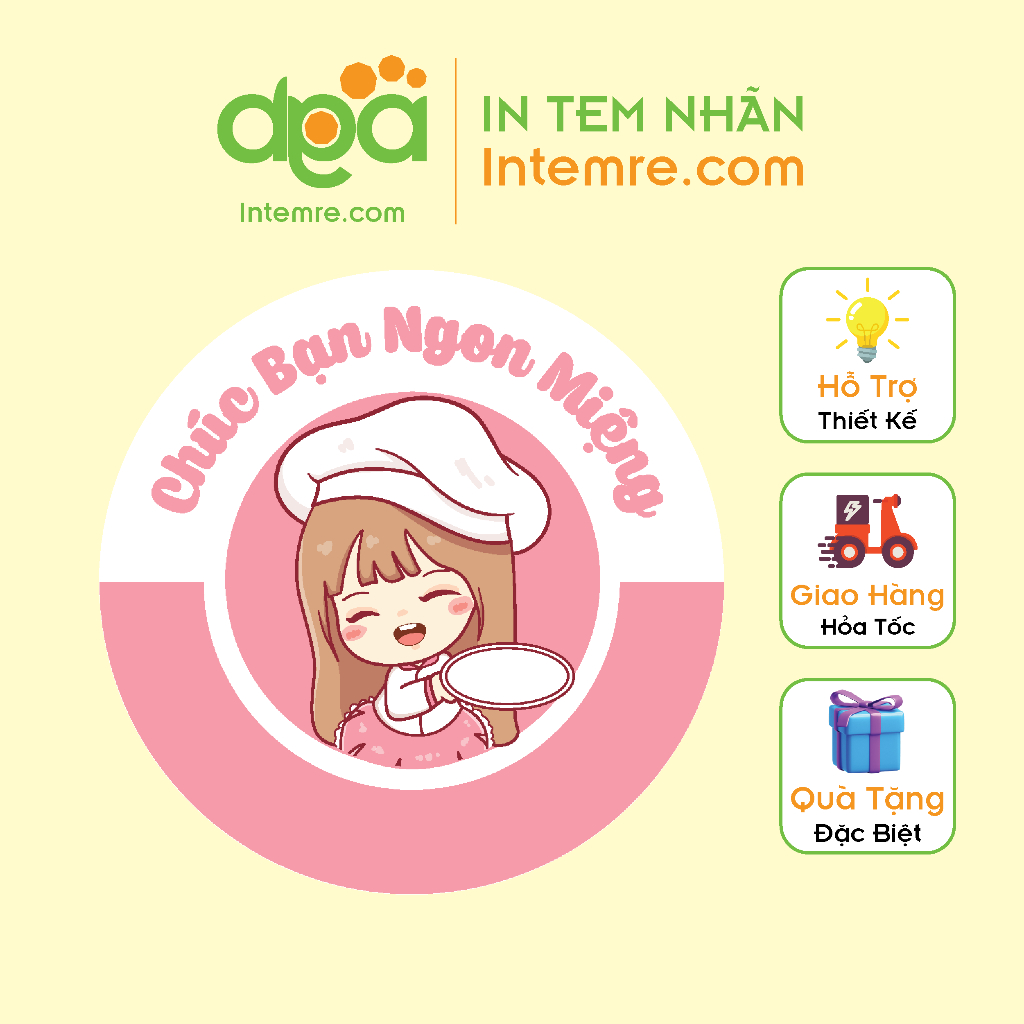 Sẳn 100 Tem Nhãn Giấy Decal Dán Intemre.com Chúc Ngon Miệng, Ăn Vặt, Trà Sữa - Kt: 3cm - Mẫu 16-34