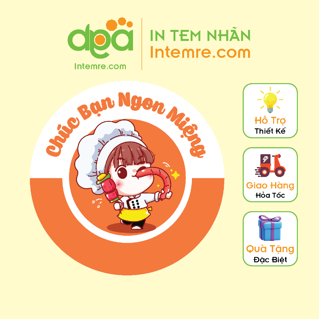Sẳn 100 Tem Nhãn Giấy Decal Dán Intemre.com Chúc Ngon Miệng, Ăn Vặt, Trà Sữa - Kt: 3cm - Mẫu 16-34