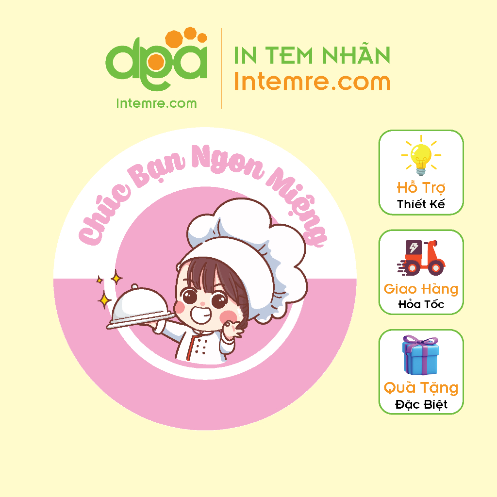 Sẳn 100 Tem Nhãn Giấy Decal Dán Intemre.com Chúc Ngon Miệng, Ăn Vặt, Trà Sữa - Kt: 3cm - Mẫu 16-34