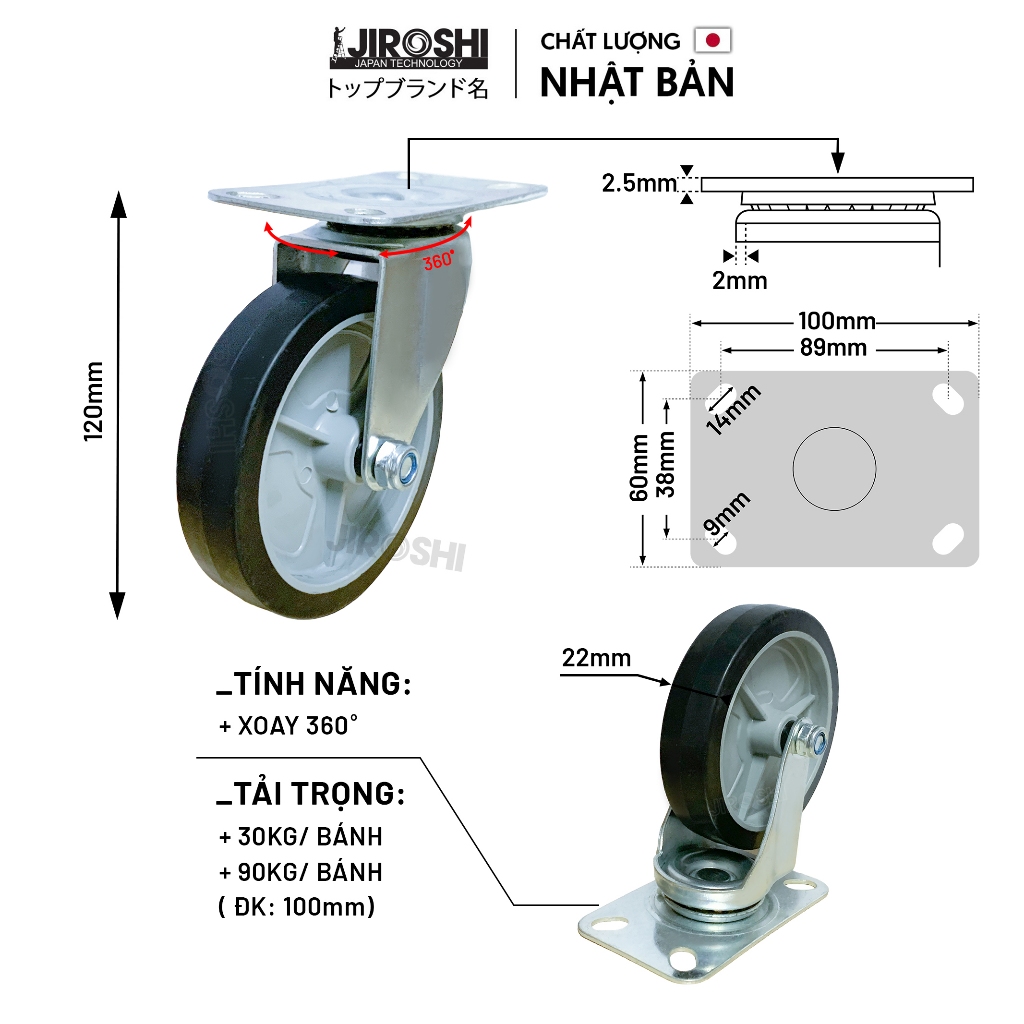 Bánh xe chịu tải, bánh xe nhựa pvc đen 100mm