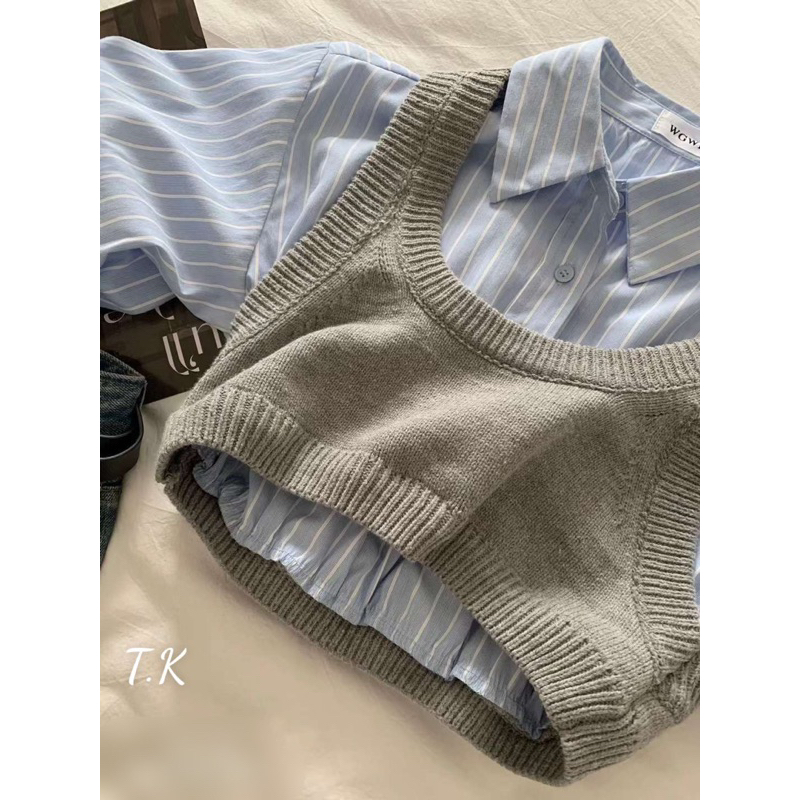 Áo sơ mi phối ghile,áo len liền sơ mi tay dài,áo len ghile mix sơ mi thời trang thu đông