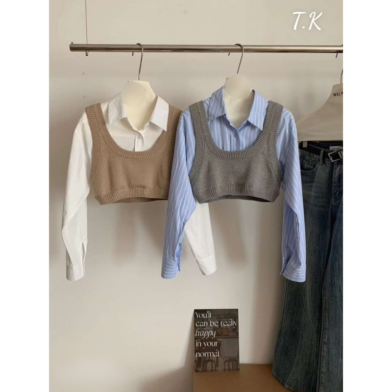 Áo sơ mi phối ghile,áo len liền sơ mi tay dài,áo len ghile mix sơ mi thời trang thu đông