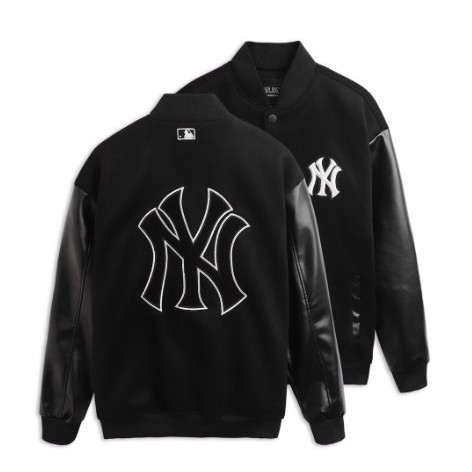 Áo khoác bomber MLB NY logo thêu-áo khoác nam nữ phối tay da chất dạ hàng đẹp form chuẩn