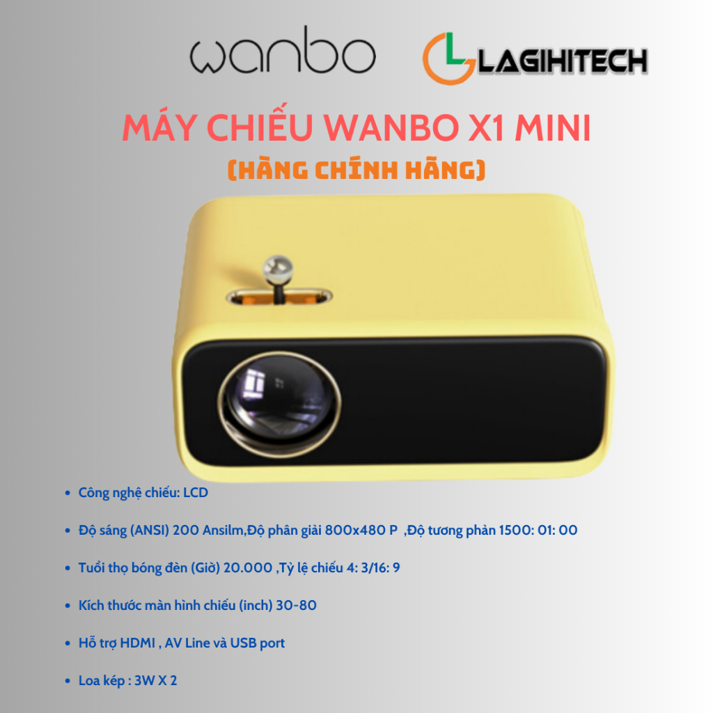 Máy Chiếu Wanbo X1 Mini nhỏ gọn, tích hợp loa 3W kết nối có dây HDMI, AV, USB - Hàng Chính Hãng - Bảo Hành 12 Tháng