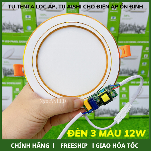 Đèn ốp trần tròn 12W mỏng viền vàng 3 màu tăng phô aishi tenta, đèn âm trần phi 130mm Ngọc Vy Led