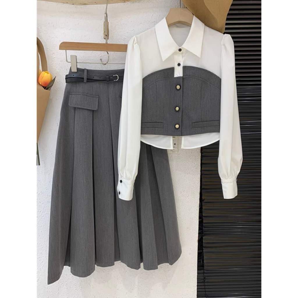 Set áo dài tay bồng thiết kế Doris màu ghi phối trắng mix chân váy dập ly dáng dài s2764