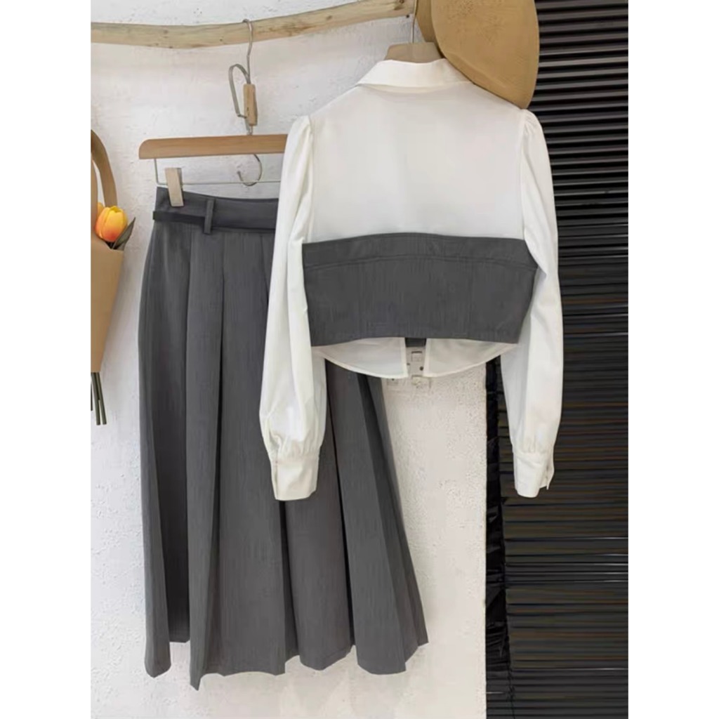 Set áo dài tay bồng thiết kế Doris màu ghi phối trắng mix chân váy dập ly dáng dài s2764