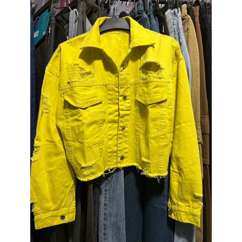 Khoác jeans kaki croptop Rách tua gấu