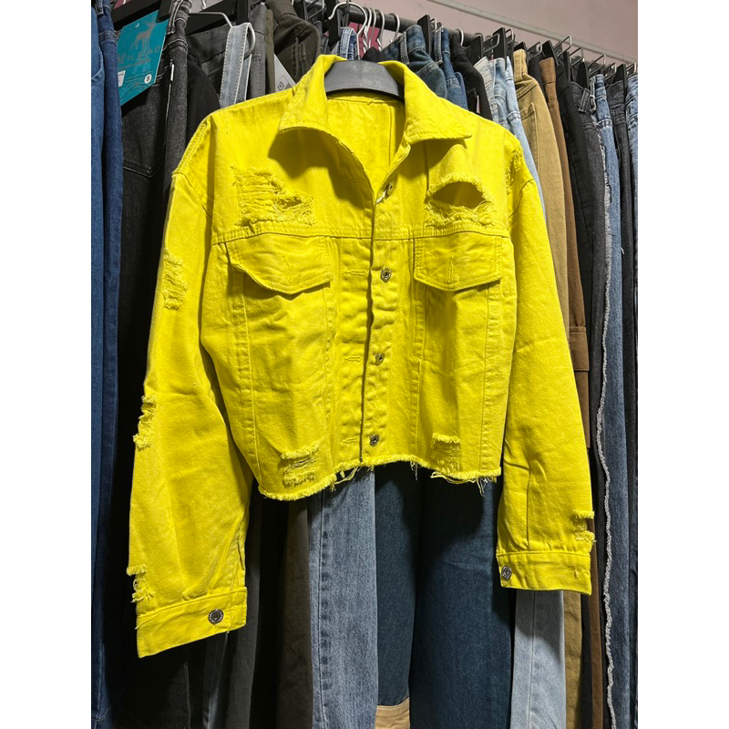 Khoác jeans kaki croptop Rách tua gấu
