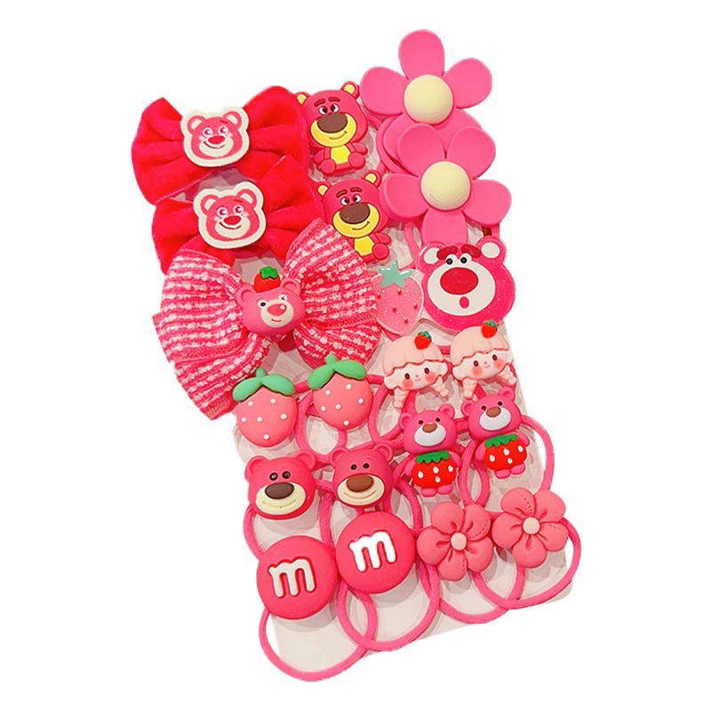 Sét 20 Dây Buộc Tóc Cao Su Co Giãn Hình Gấu Và Dâu Tây Dễ Thương Cho Bé Gái