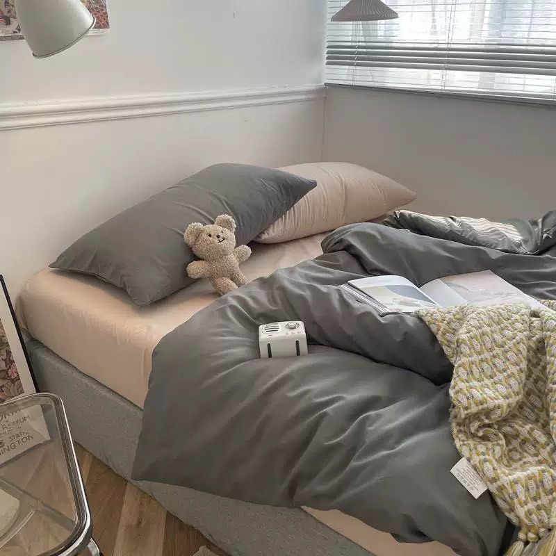 Bộ chăn ga gối cotton tici  cotton đũi trơn dày decor phòng ngủ vintage màu ghi mix nâu đủ mọi cỡ nệm