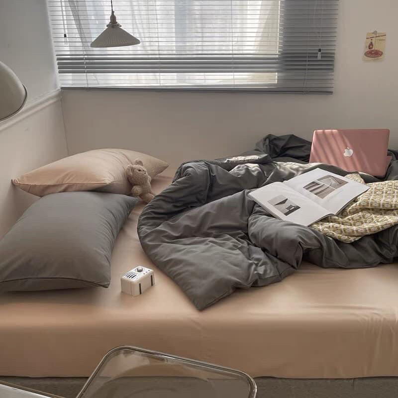 Bộ chăn ga gối cotton tici  cotton đũi trơn dày decor phòng ngủ vintage màu ghi mix nâu đủ mọi cỡ nệm