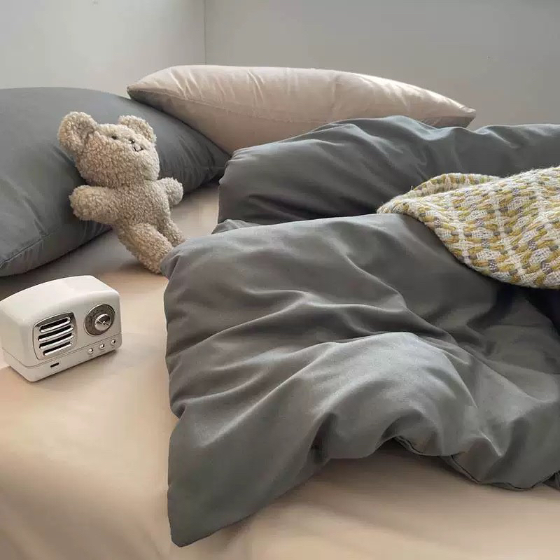 Bộ chăn ga gối cotton tici  cotton đũi trơn dày decor phòng ngủ vintage màu ghi mix nâu đủ mọi cỡ nệm