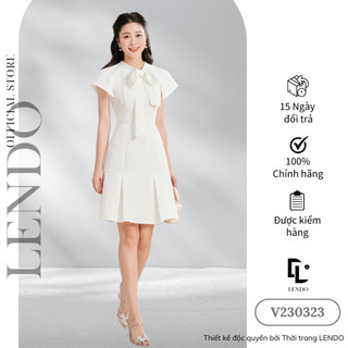 Đầm Váy Công Sở LENDO V230323 Dáng Xòe A Xếp Ly Cổ Nơ Tay Ngắn Cách Điệu