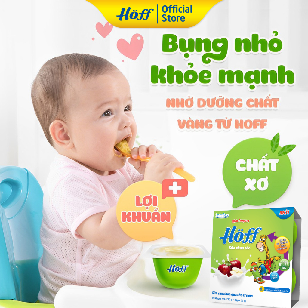 Sữa chua hoa quả Hoff vị TÁO cho bé từ 6 tháng tuổi, bổ sung men lợi khuẩn, tốt cho tiêu hóa - 4 LỐC (16 hộp x 55g)