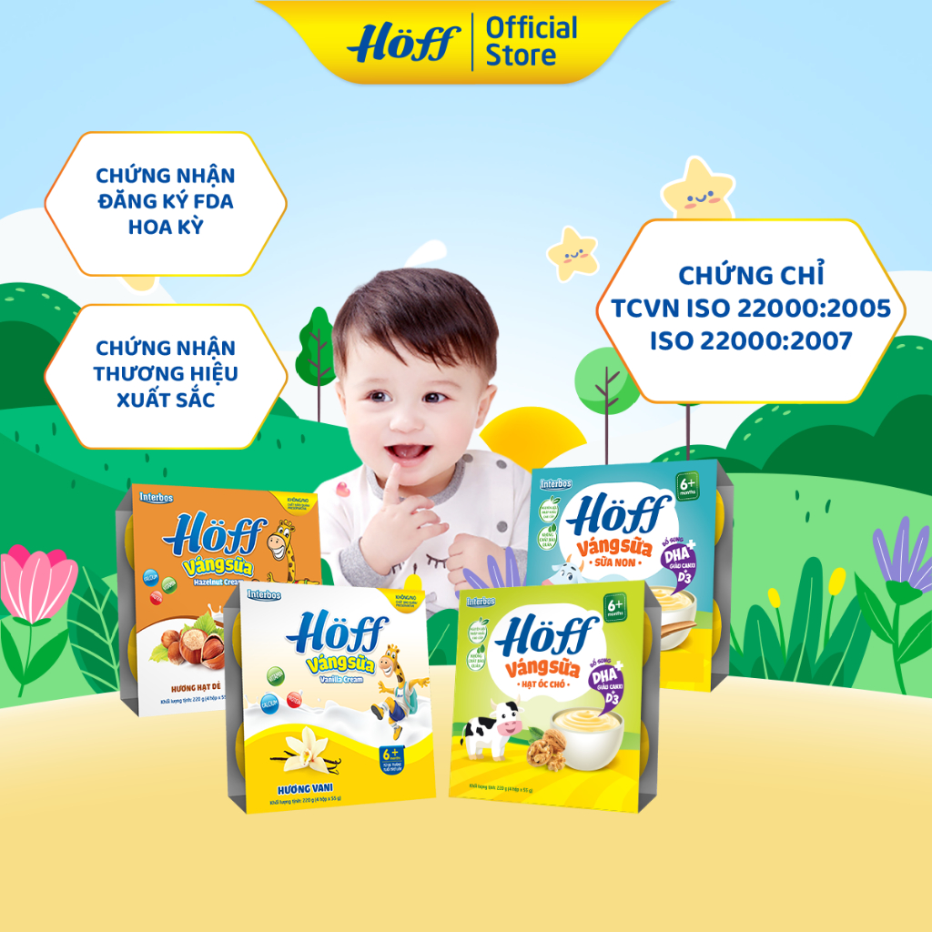 Váng Sữa Hoff mix bốn vị cho bé từ 6 tháng tuổi, giàu protein và canxi, tăng cường hệ  miễn dịch - 4 LỐC (16 hộp x 55g)